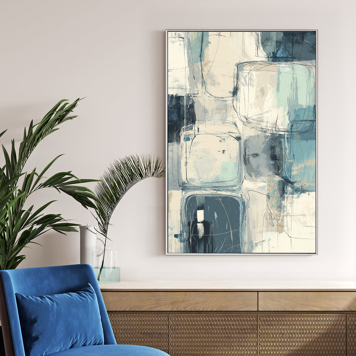 abstract geometric wall art with soft blue, cream and teal square shapes