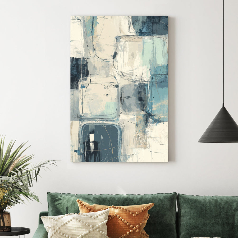 abstract geometric wall art with soft blue, cream and teal square shapes