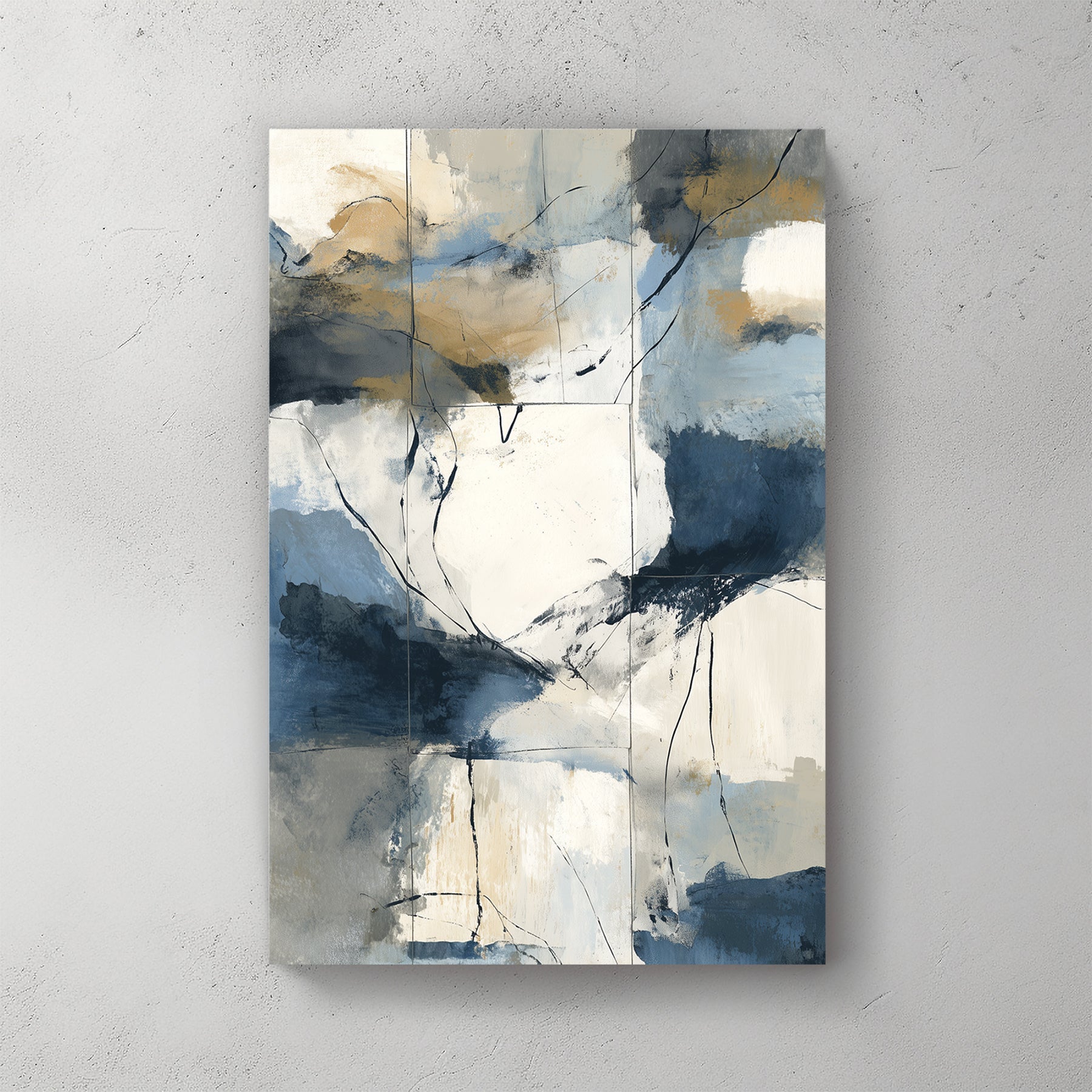 abstract coastal inspired wall art with blue, beige, and cream brushstrokes