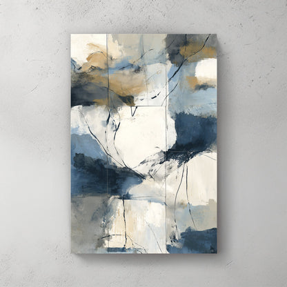abstract coastal inspired wall art with blue, beige, and cream brushstrokes