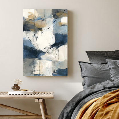 abstract coastal inspired wall art with blue, beige, and cream brushstrokes