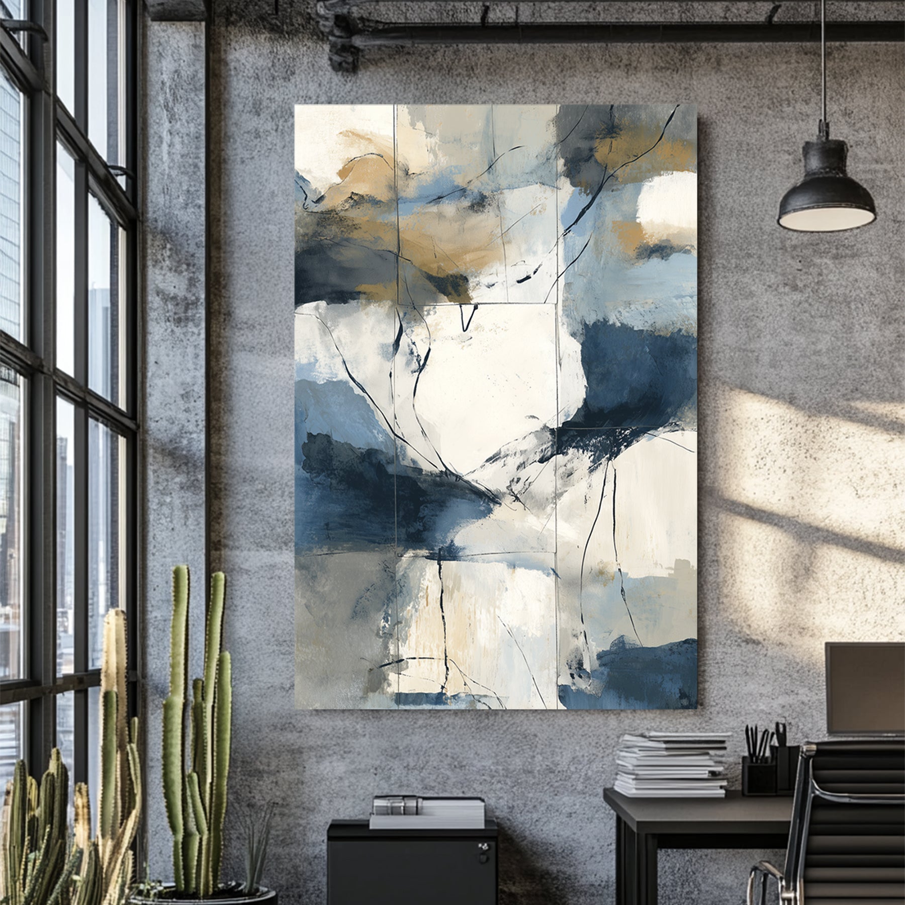 abstract coastal inspired wall art with blue, beige, and cream brushstrokes