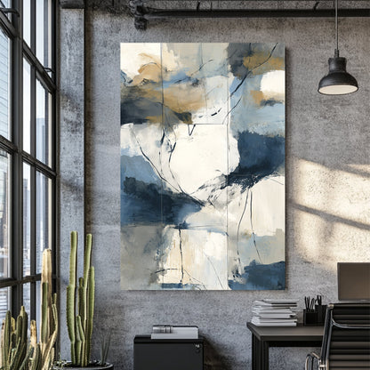 abstract coastal inspired wall art with blue, beige, and cream brushstrokes