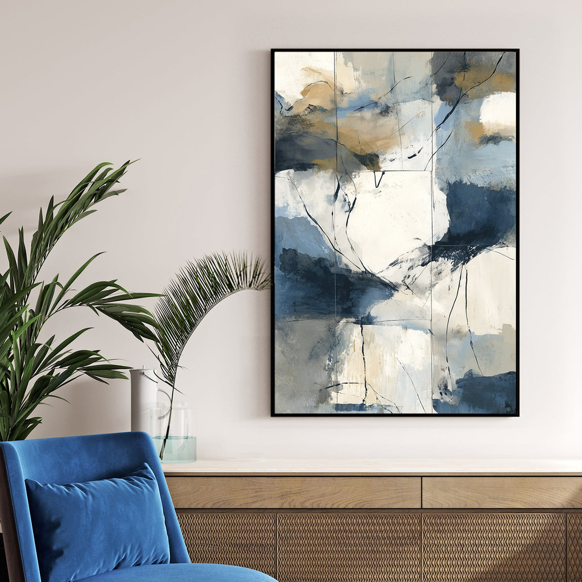abstract coastal inspired wall art with blue, beige, and cream brushstrokes