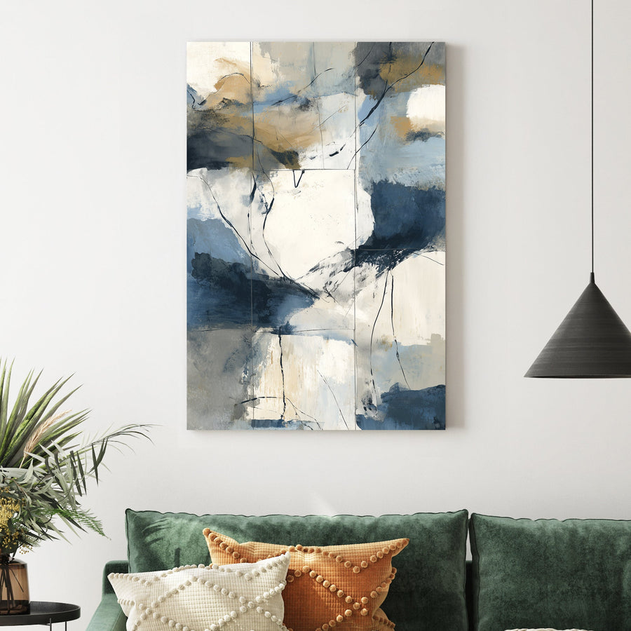 abstract coastal inspired wall art with blue, beige, and cream brushstrokes