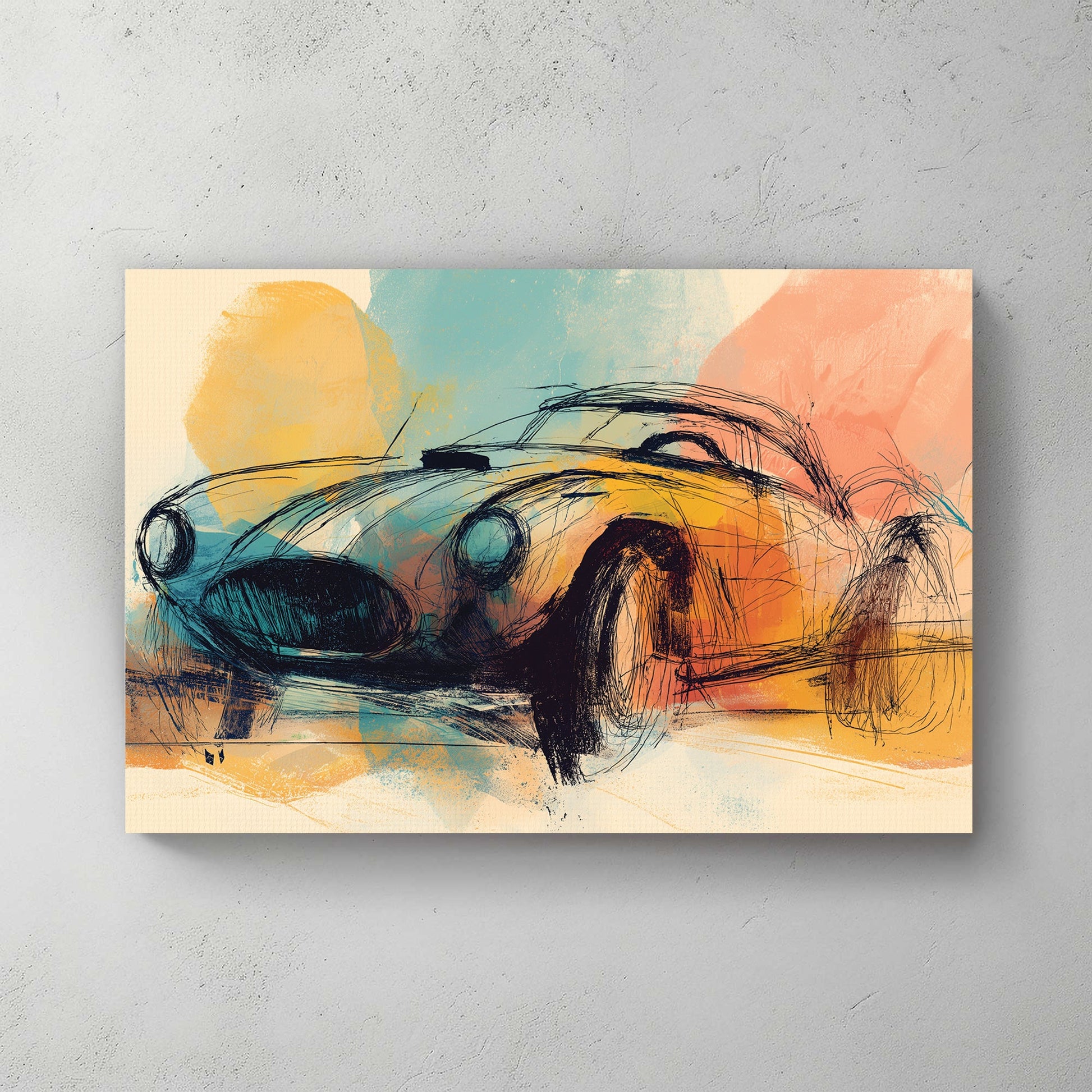 sketch style classic car wall art with pastel orange, teal, and yellow brushstrokes