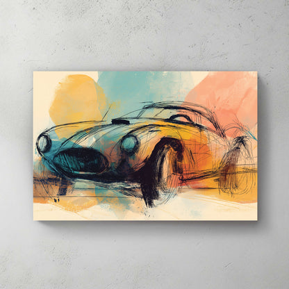 sketch style classic car wall art with pastel orange, teal, and yellow brushstrokes