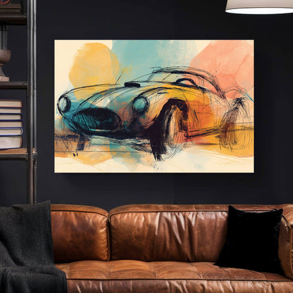sketch style classic car wall art with pastel orange, teal, and yellow brushstrokes