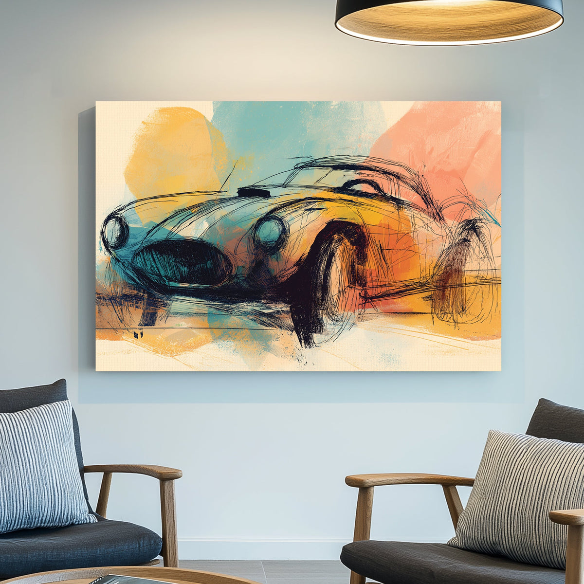 sketch style classic car wall art with pastel orange, teal, and yellow brushstrokes