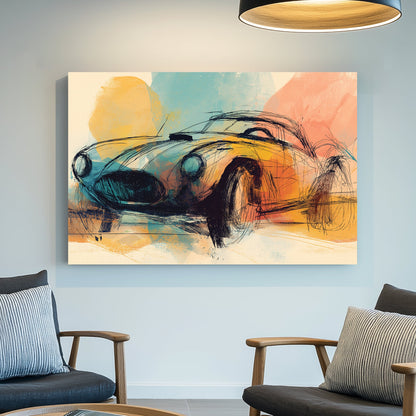sketch style classic car wall art with pastel orange, teal, and yellow brushstrokes