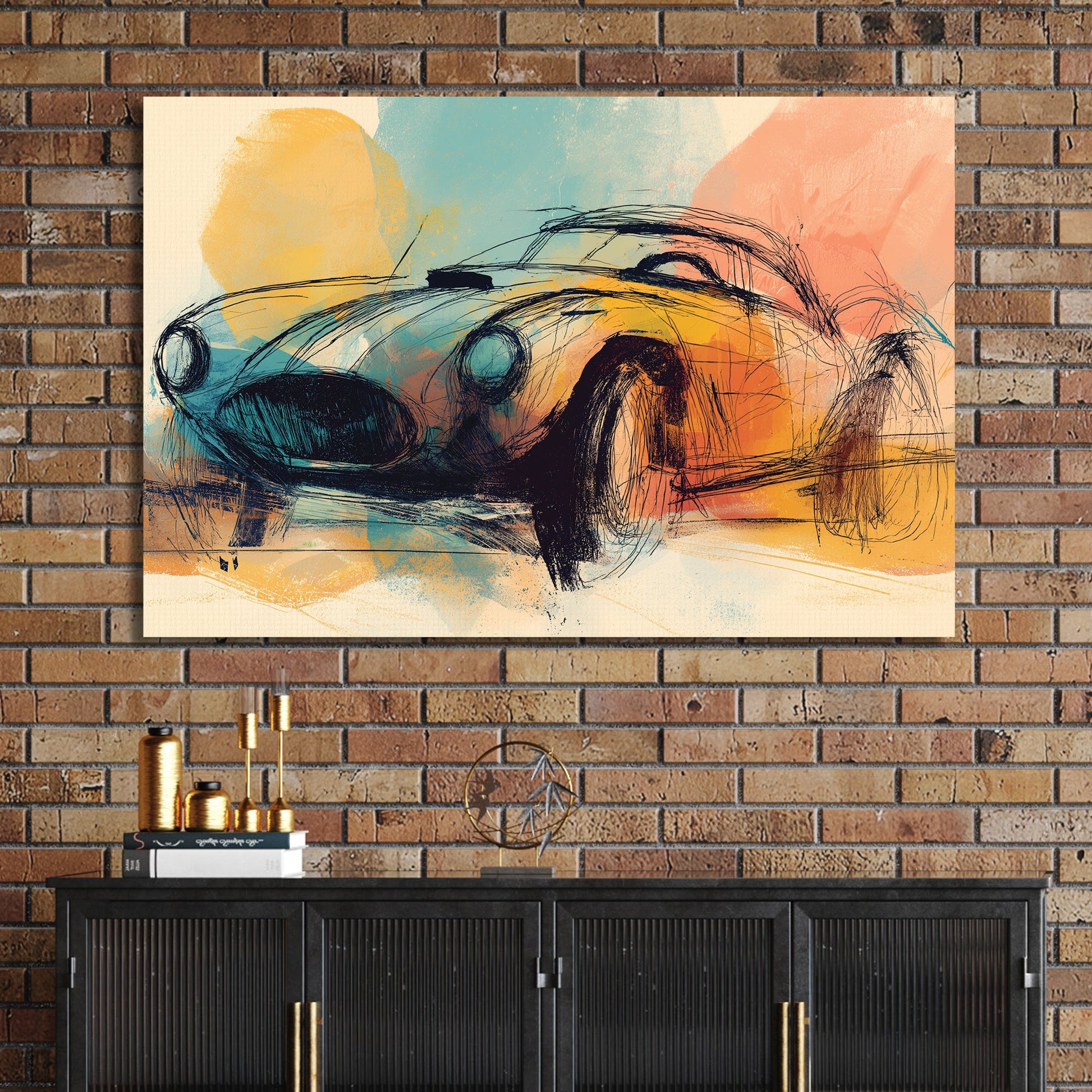 sketch style classic car wall art with pastel orange, teal, and yellow brushstrokes