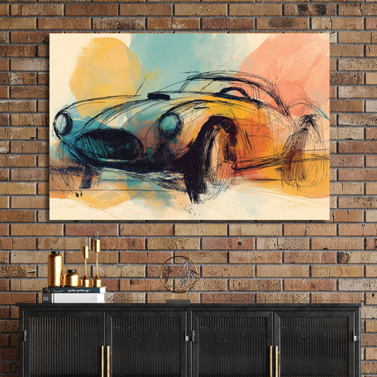 sketch style classic car wall art with pastel orange, teal, and yellow brushstrokes