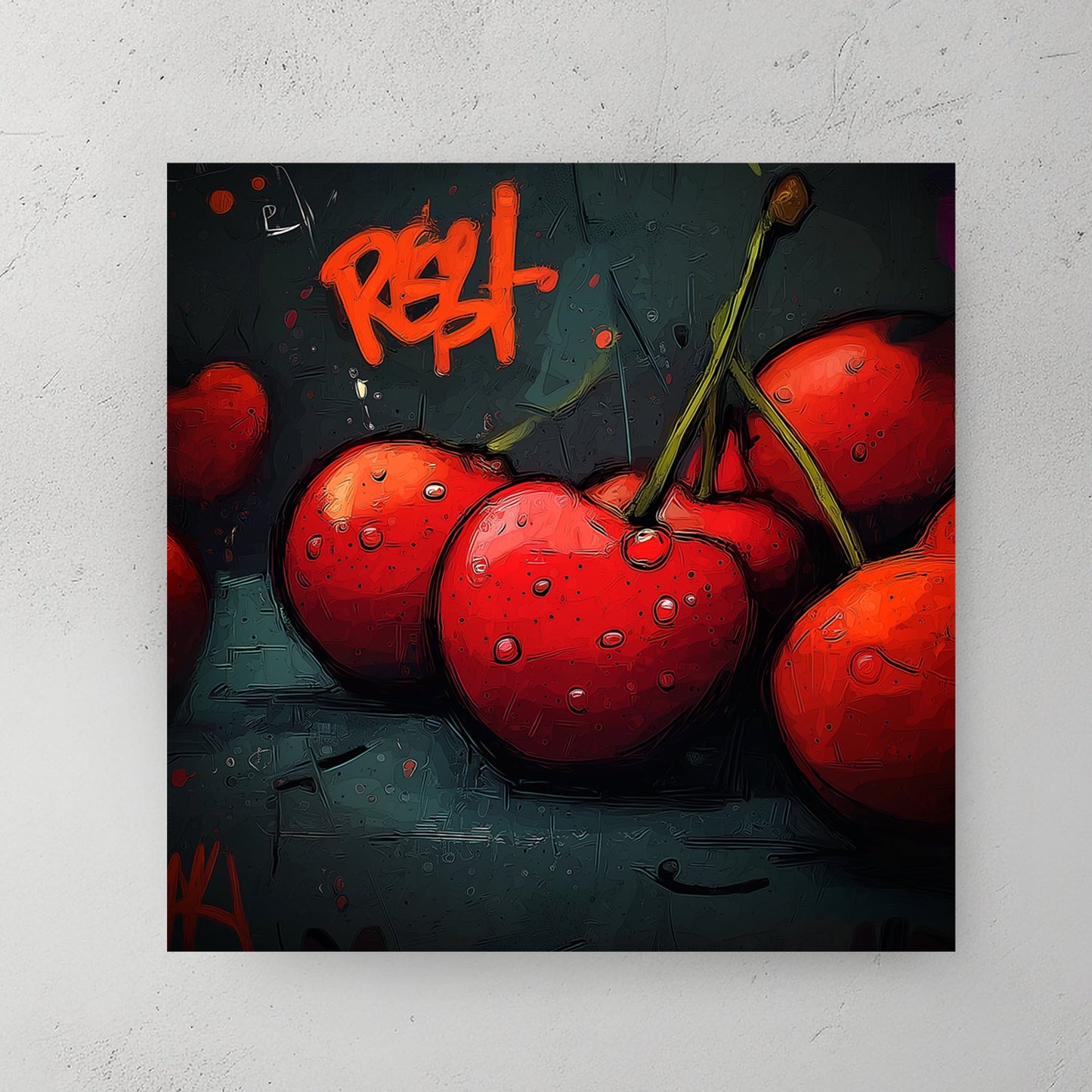 graffiti style cherry artwork with red cherries and urban lettering