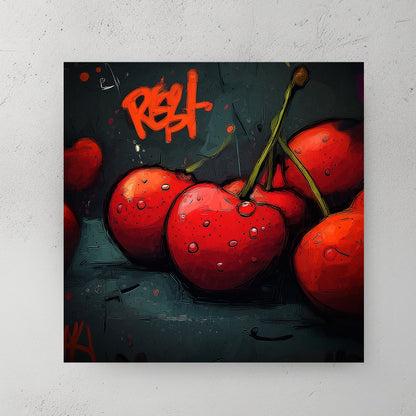 graffiti style cherry artwork with red cherries and urban lettering