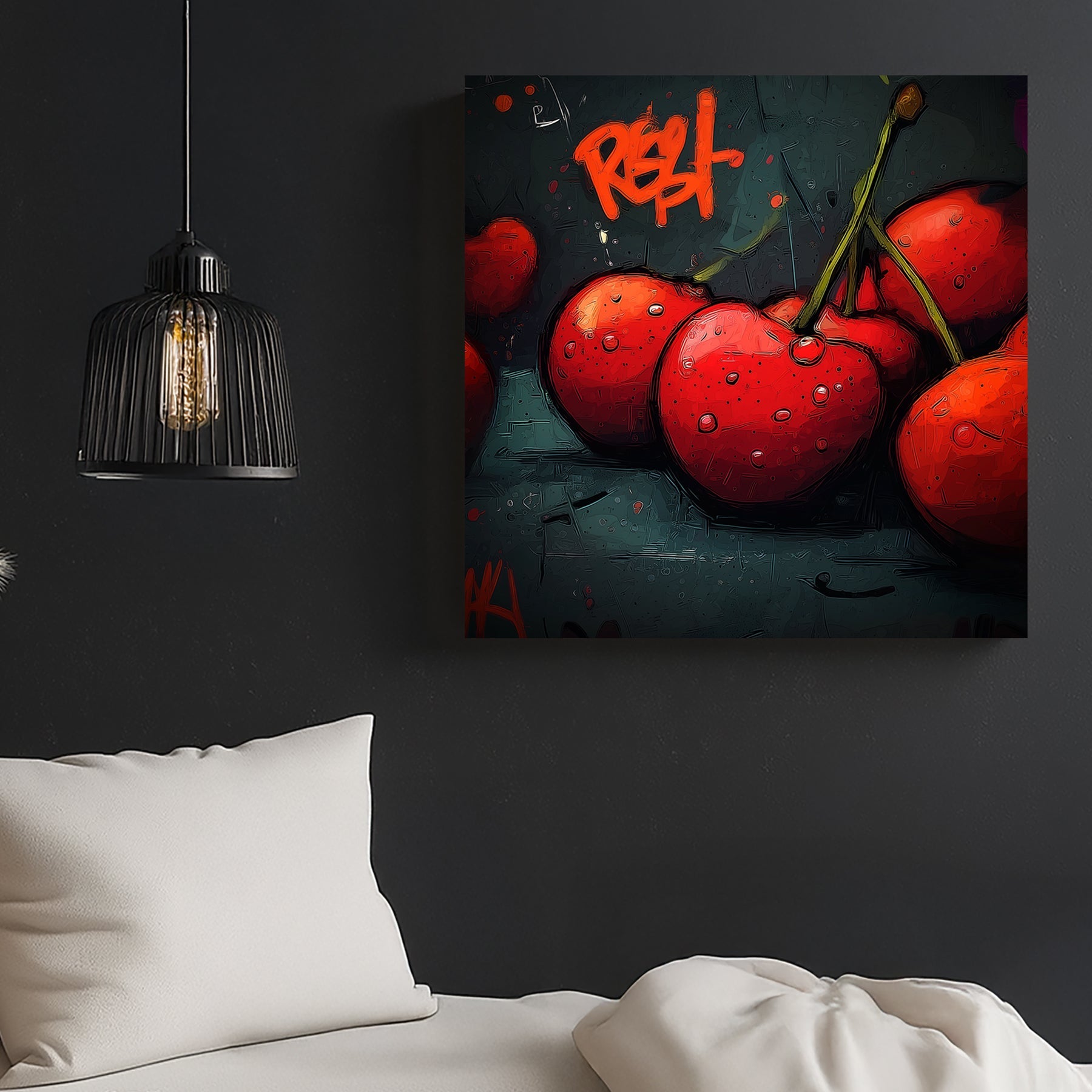 graffiti style cherry artwork with red cherries and urban lettering