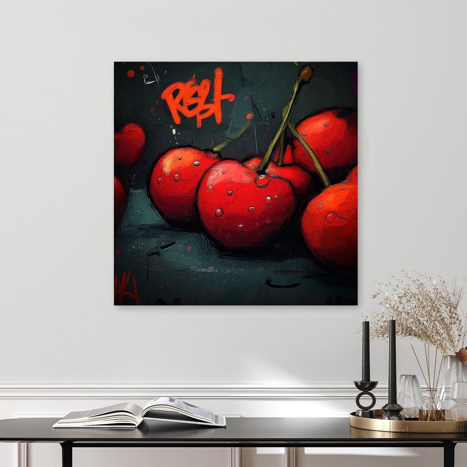 graffiti style cherry artwork with red cherries and urban lettering