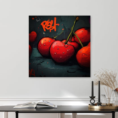 graffiti style cherry artwork with red cherries and urban lettering