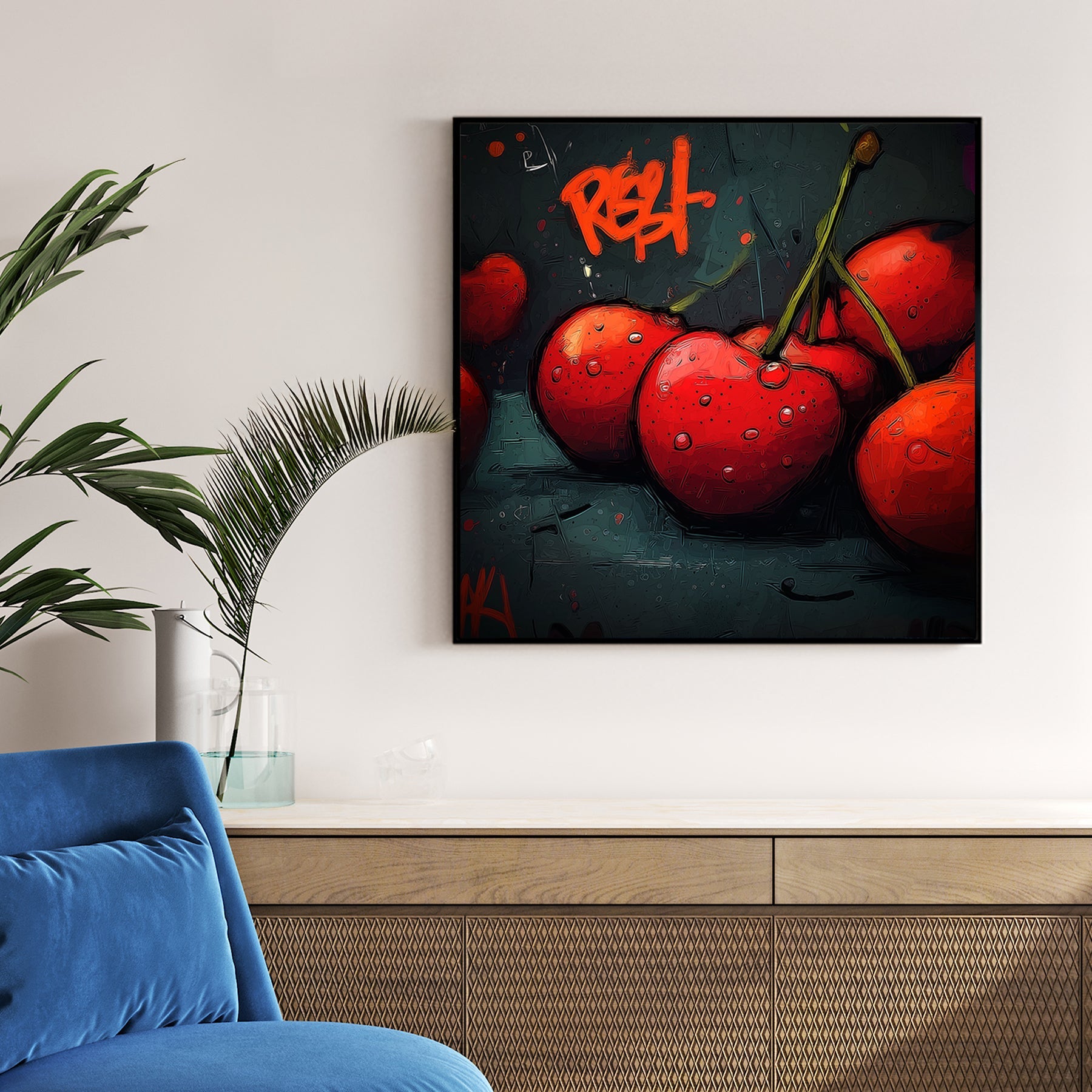 graffiti style cherry artwork with red cherries and urban lettering