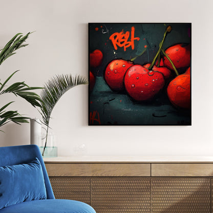 graffiti style cherry artwork with red cherries and urban lettering