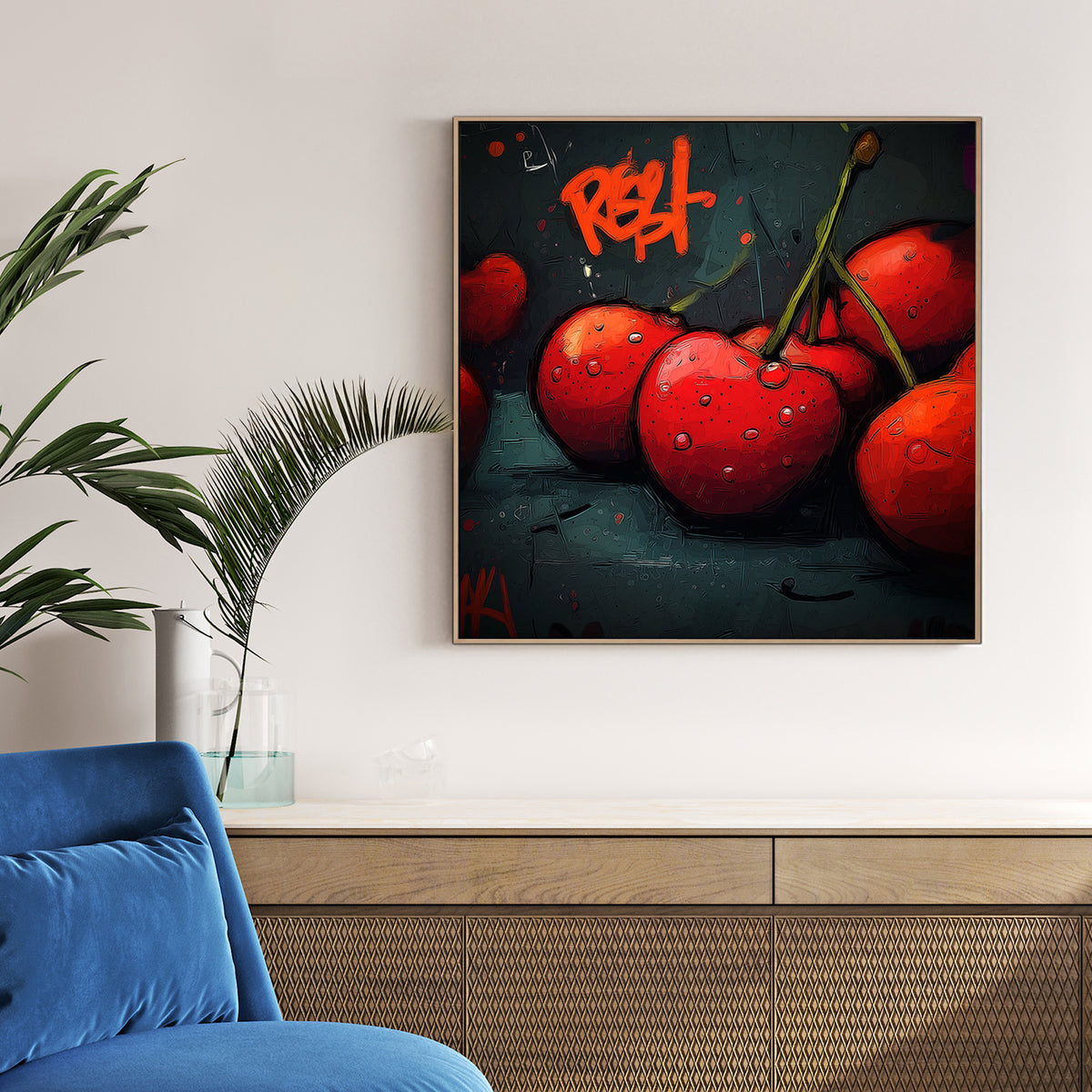 graffiti style cherry artwork with red cherries and urban lettering