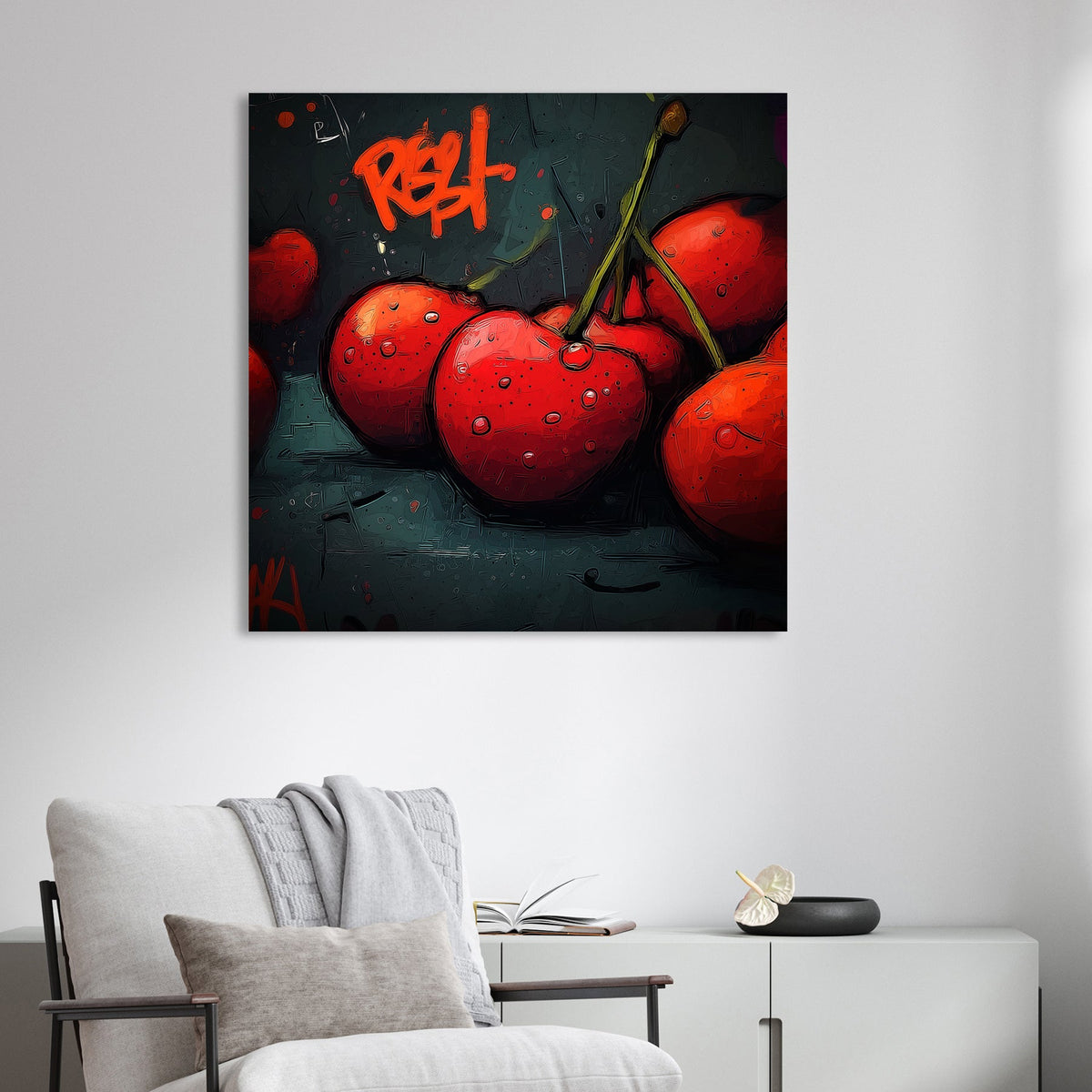 graffiti style cherry artwork with red cherries and urban lettering