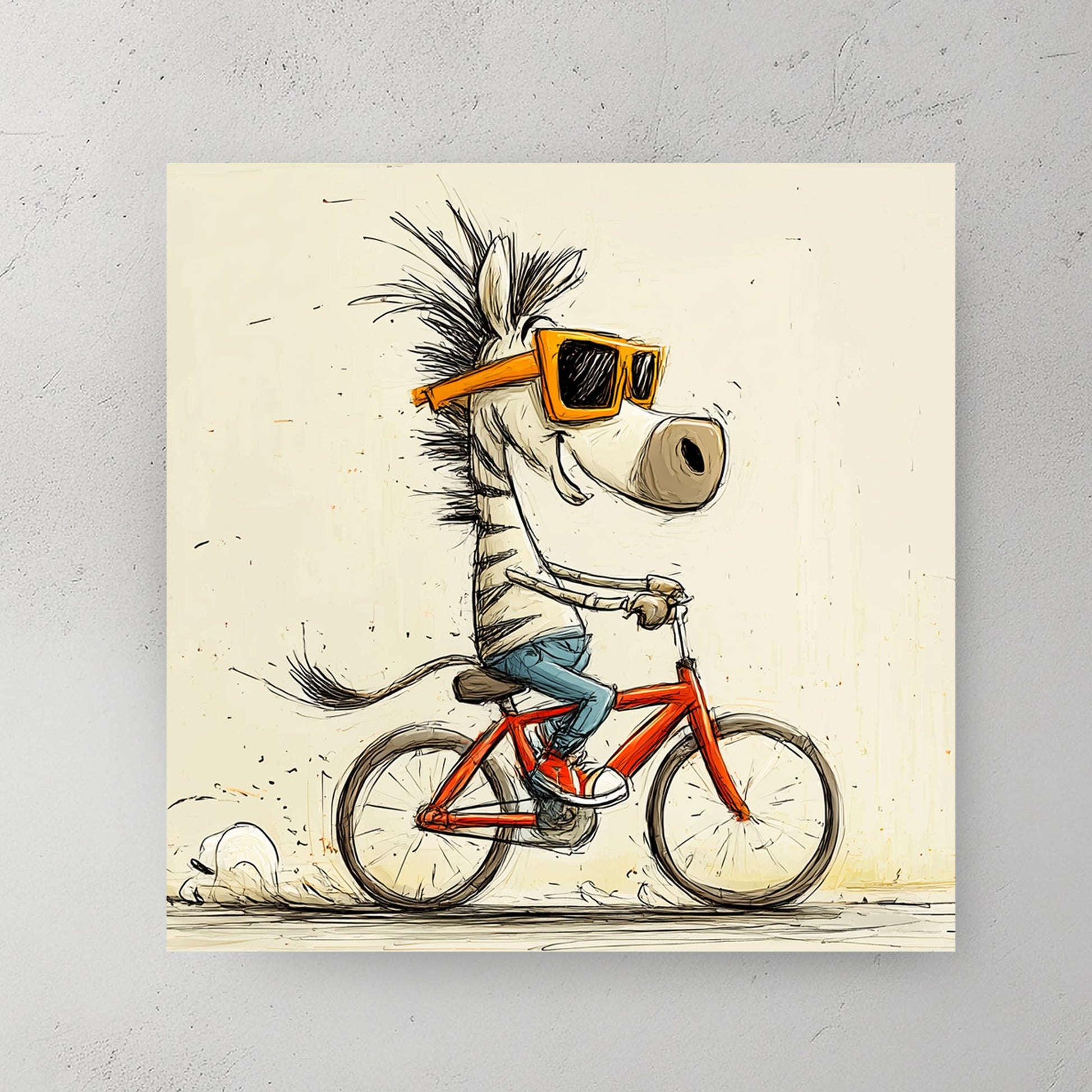 fun cartoon zebra riding red bicycle with sunglasses