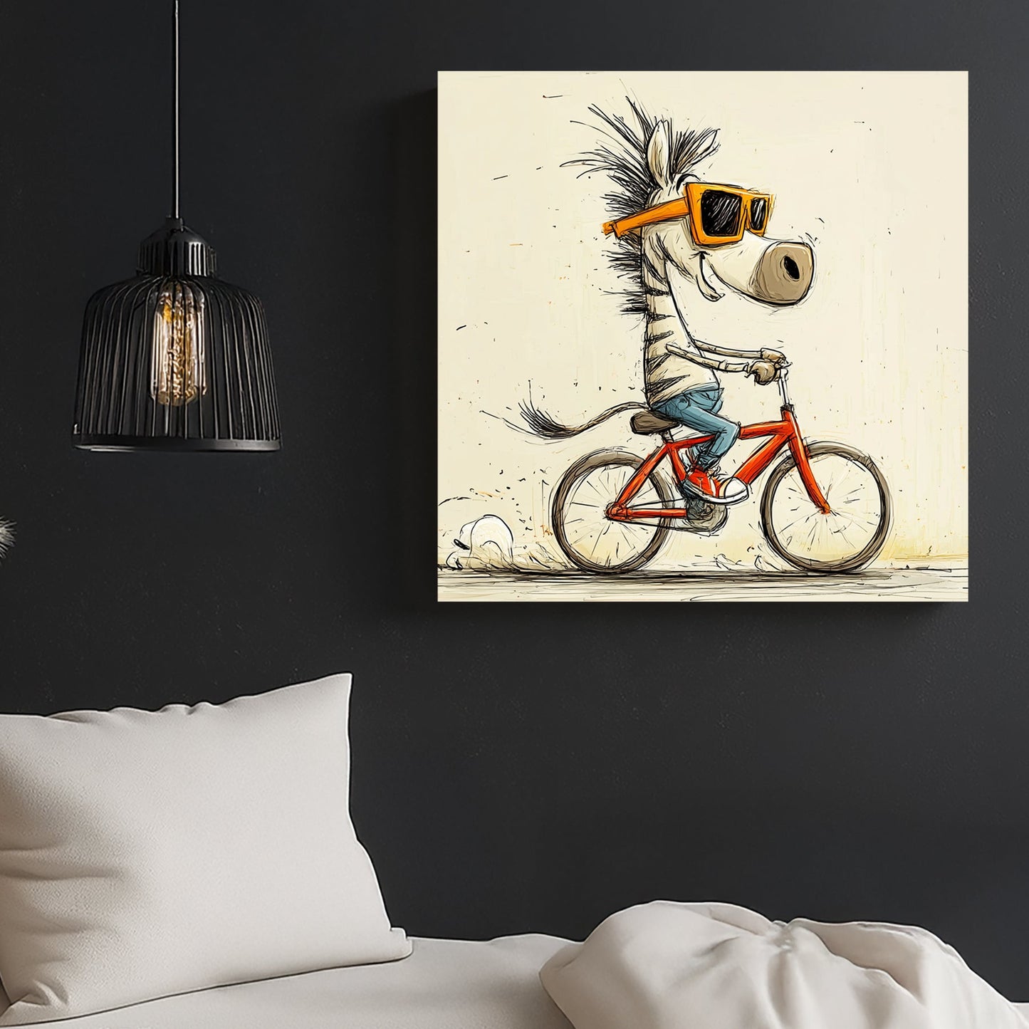 fun cartoon zebra riding red bicycle with sunglasses