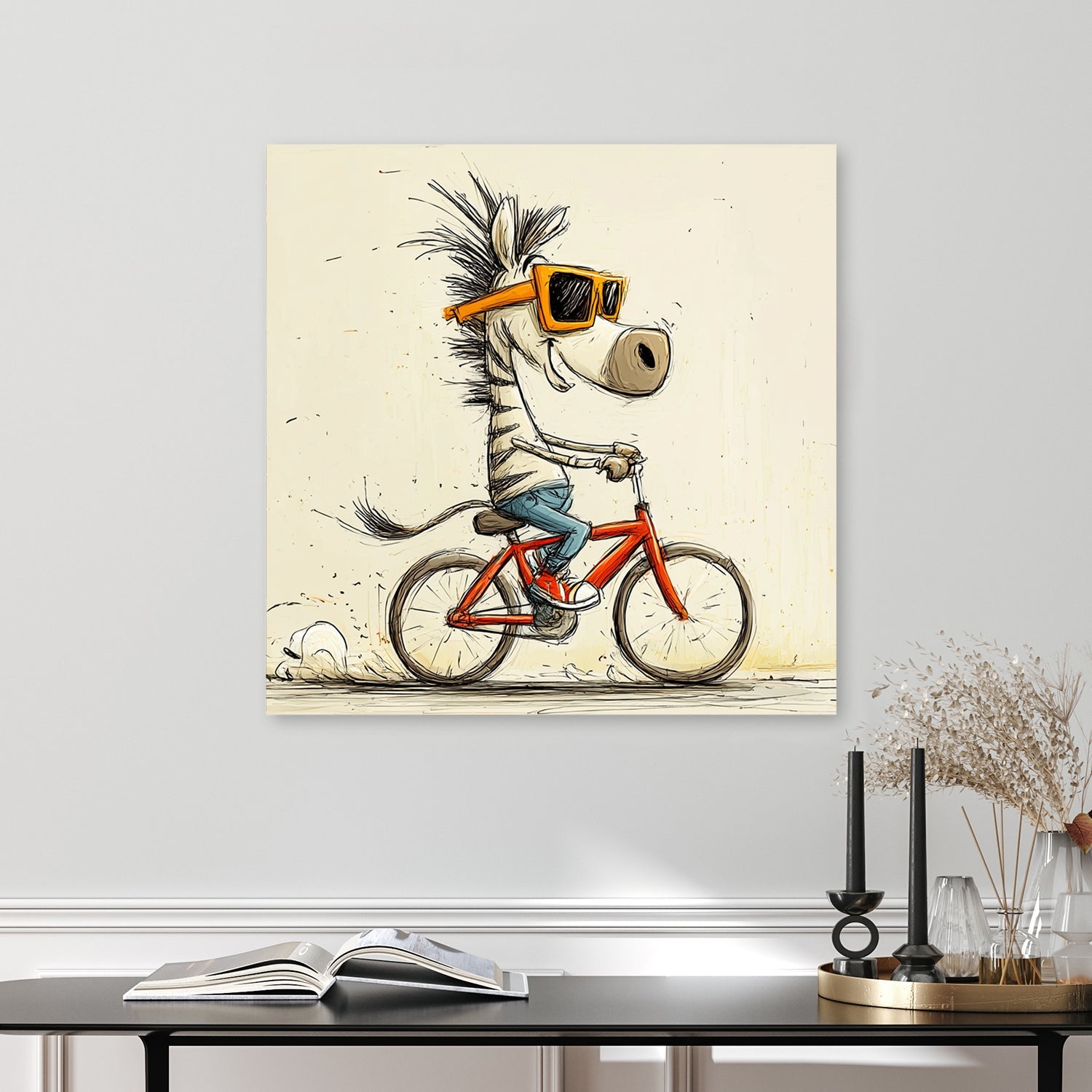 fun cartoon zebra riding red bicycle with sunglasses
