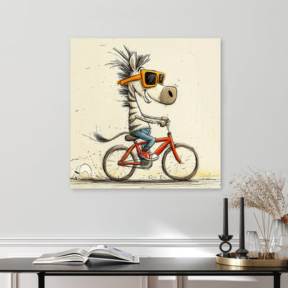 fun cartoon zebra riding red bicycle with sunglasses