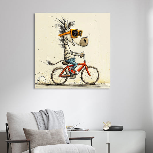 fun cartoon zebra riding red bicycle with sunglasses