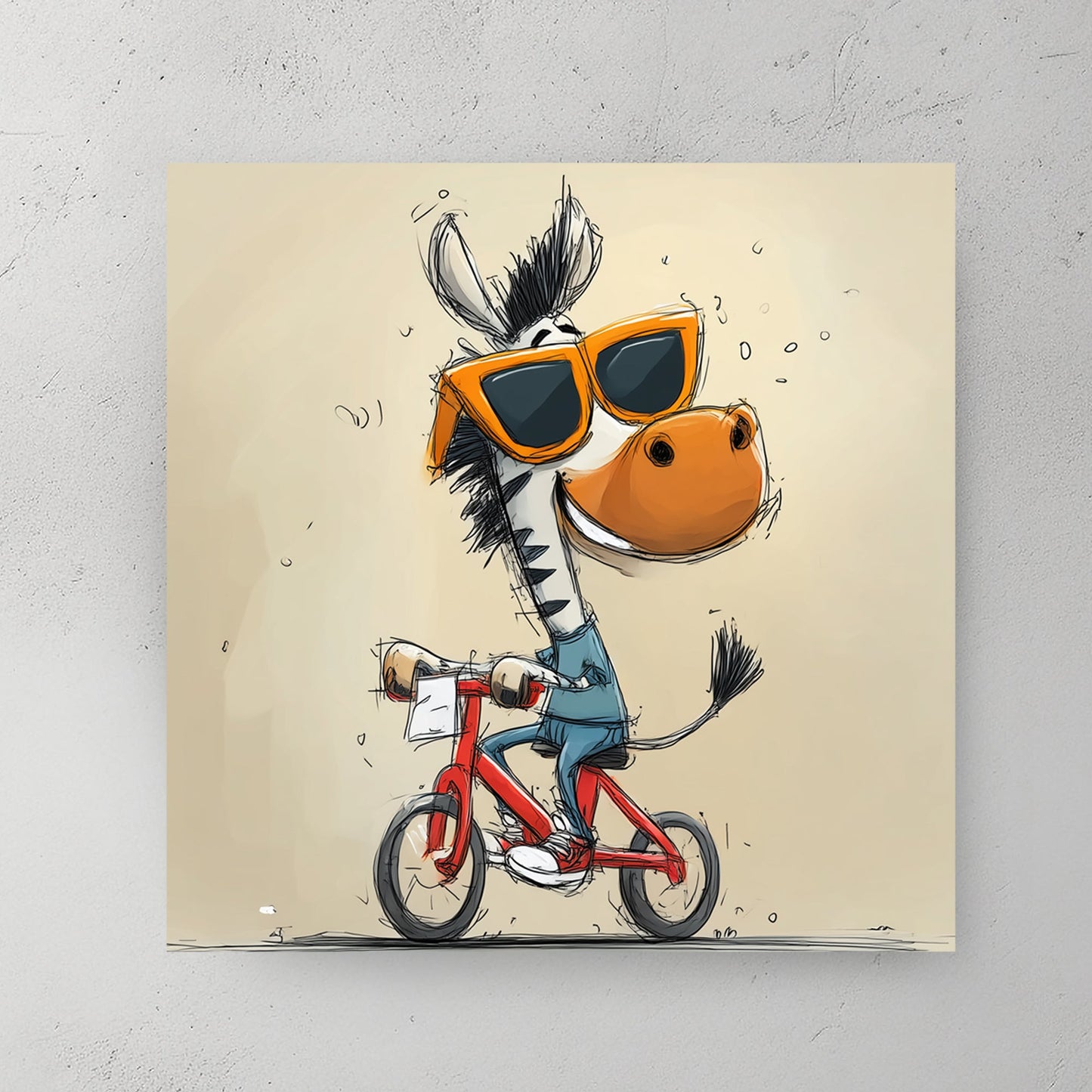 happy cartoon zebra riding red bike with sunglasses