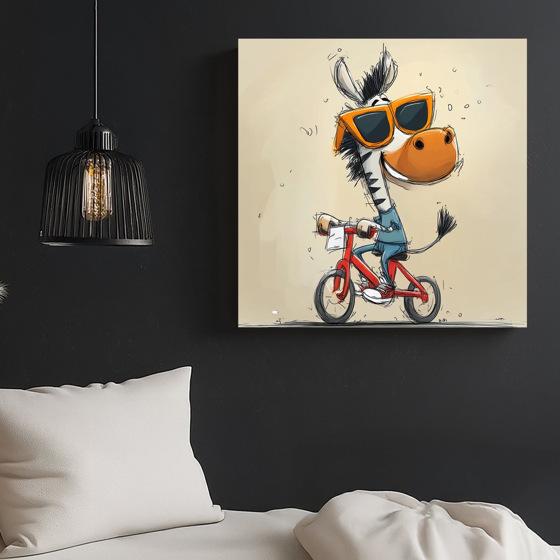 happy cartoon zebra riding red bike with sunglasses