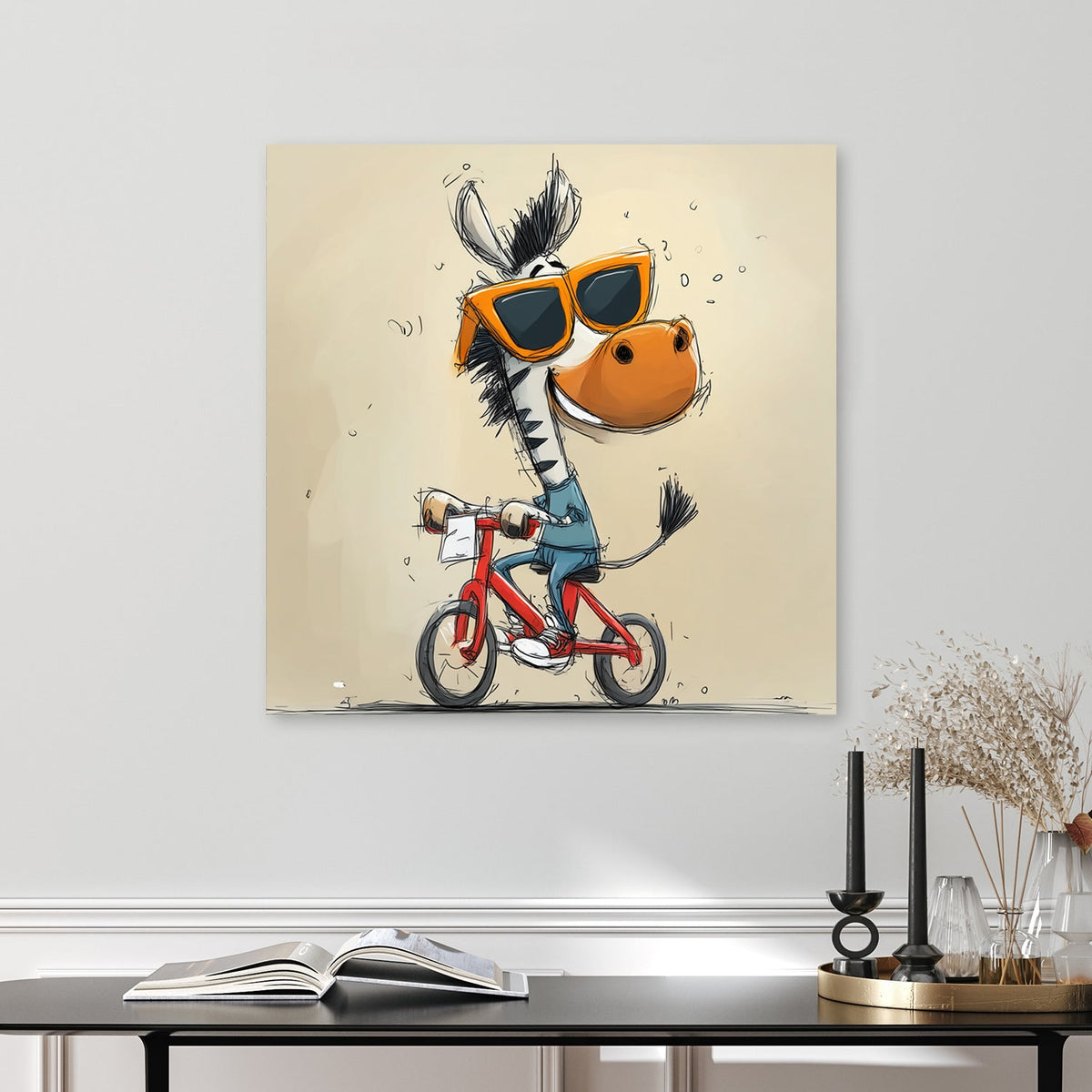 happy cartoon zebra riding red bike with sunglasses