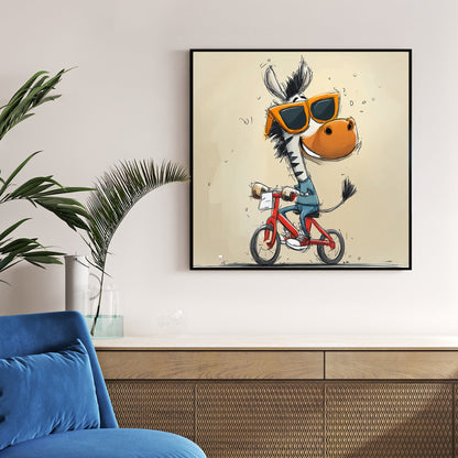 happy cartoon zebra riding red bike with sunglasses