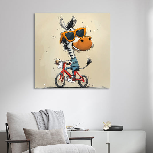 happy cartoon zebra riding red bike with sunglasses