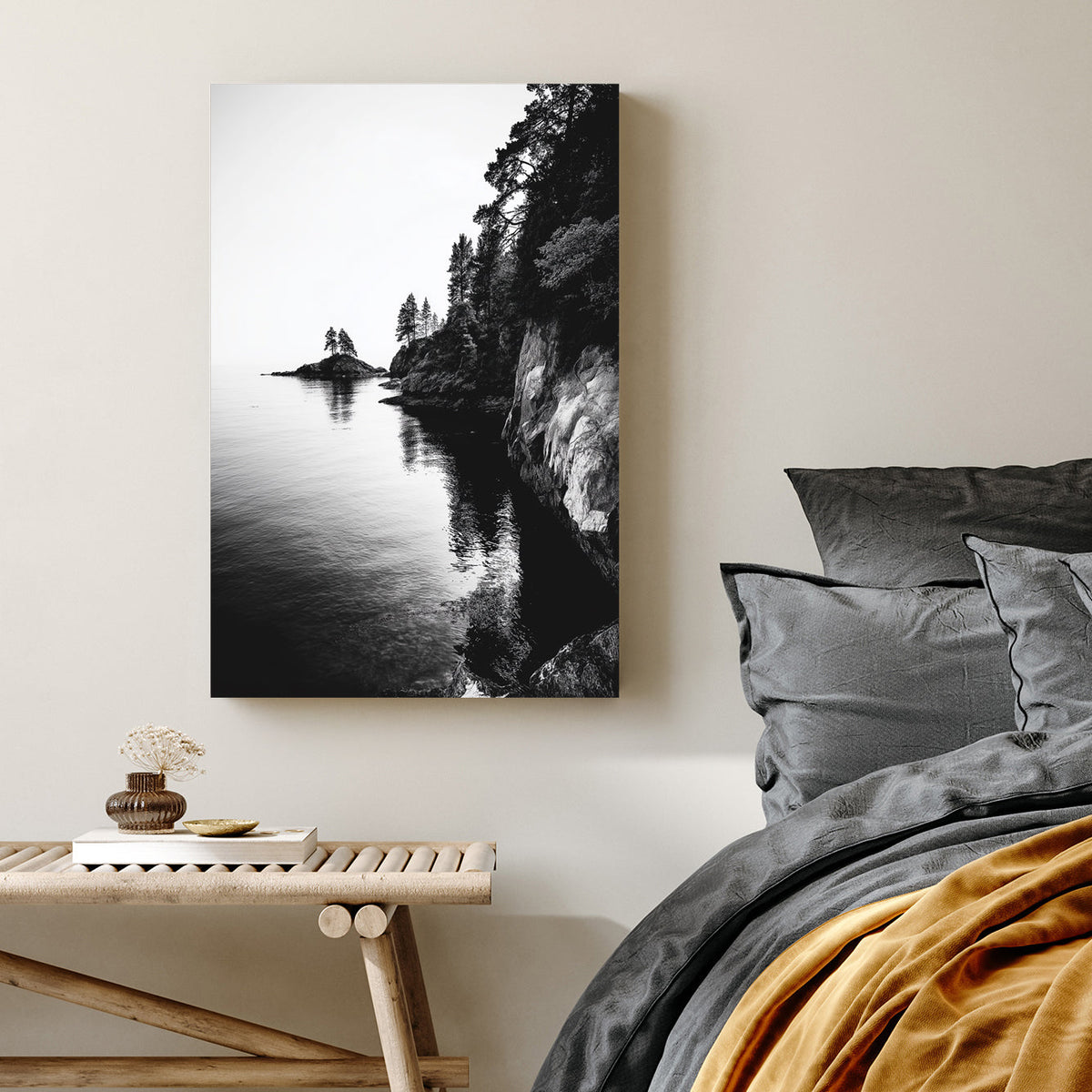 black and white rocky coastline with trees and ocean reflections