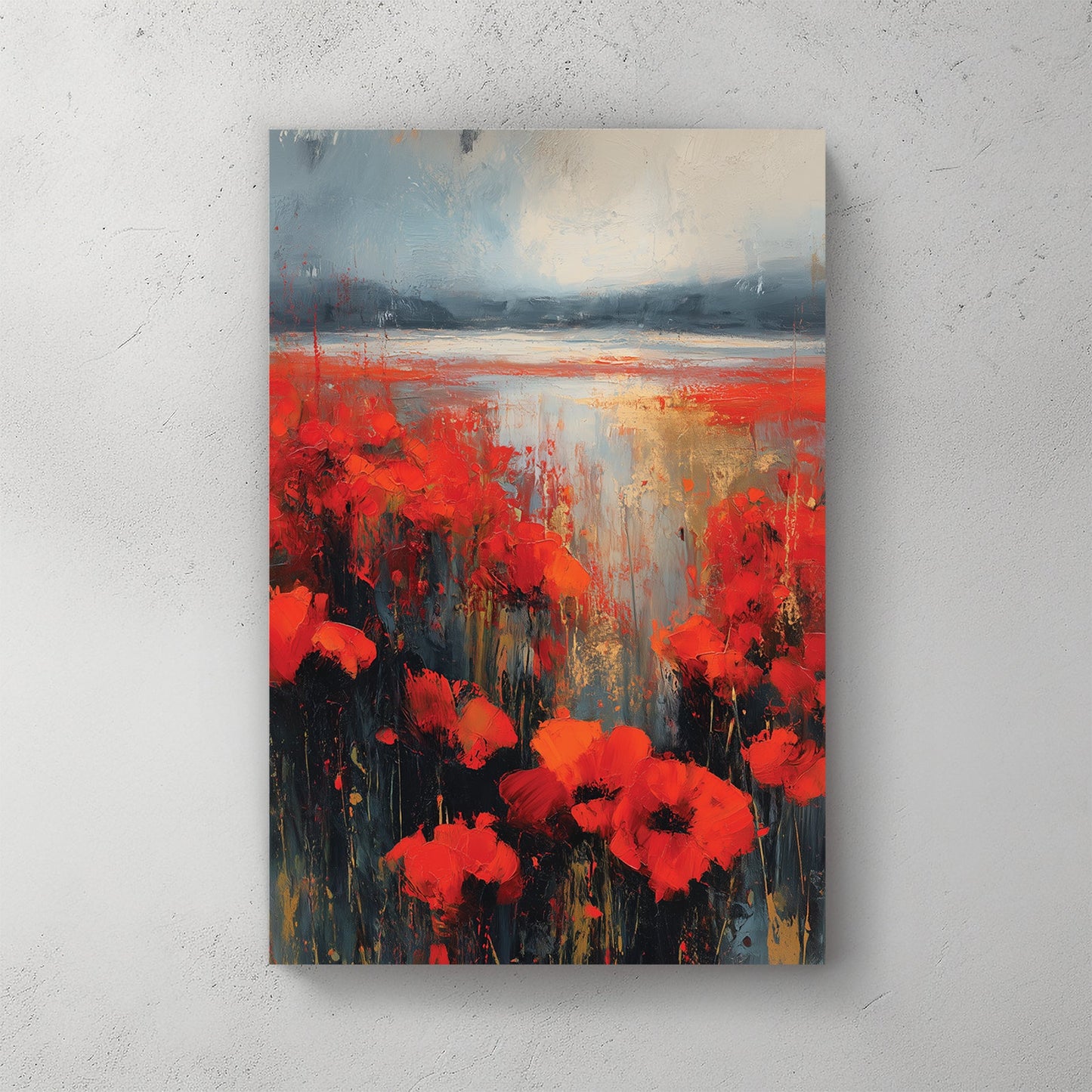 expressionist poppy flower field wall art with red flowers and misty sky
