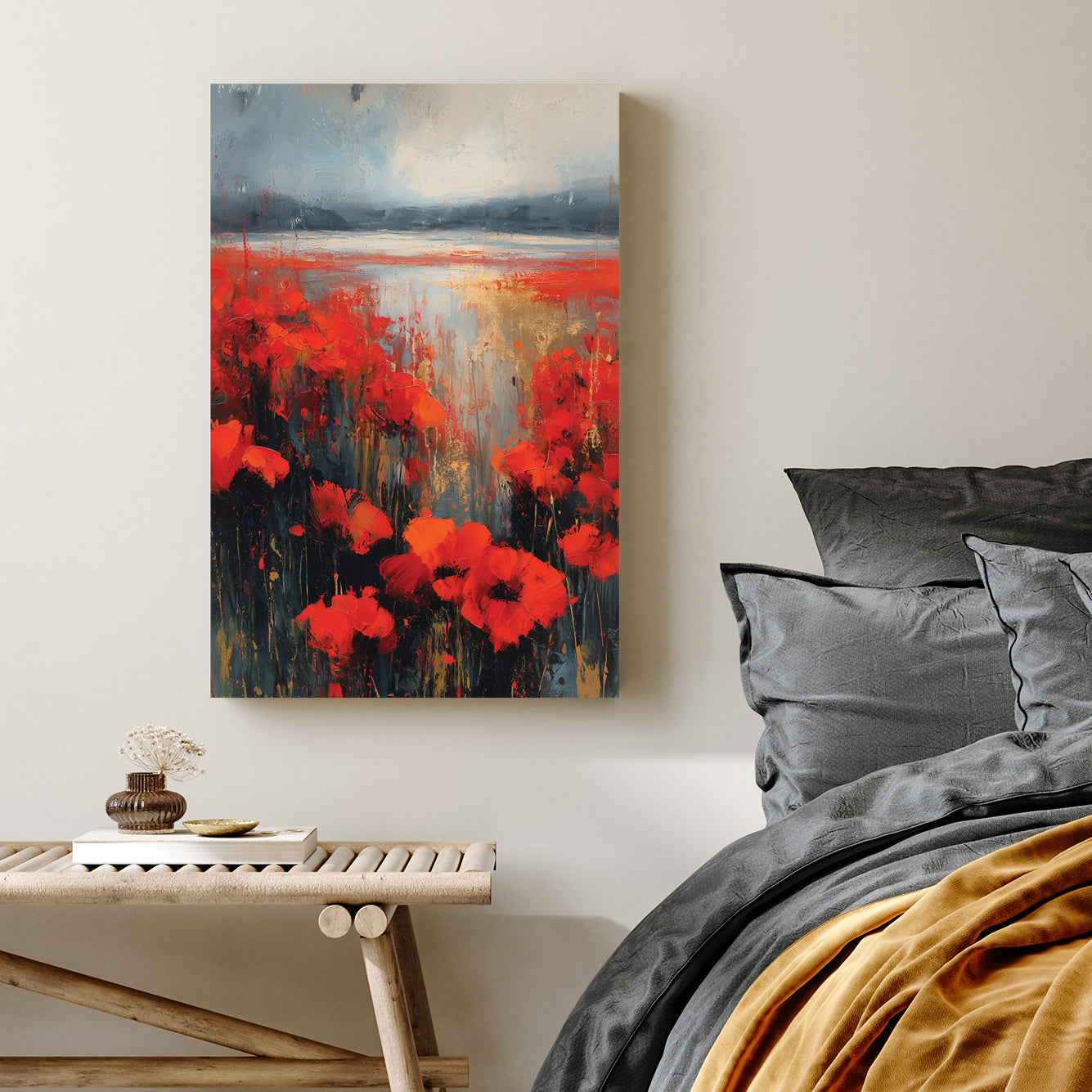 expressionist poppy flower field wall art with red flowers and misty sky