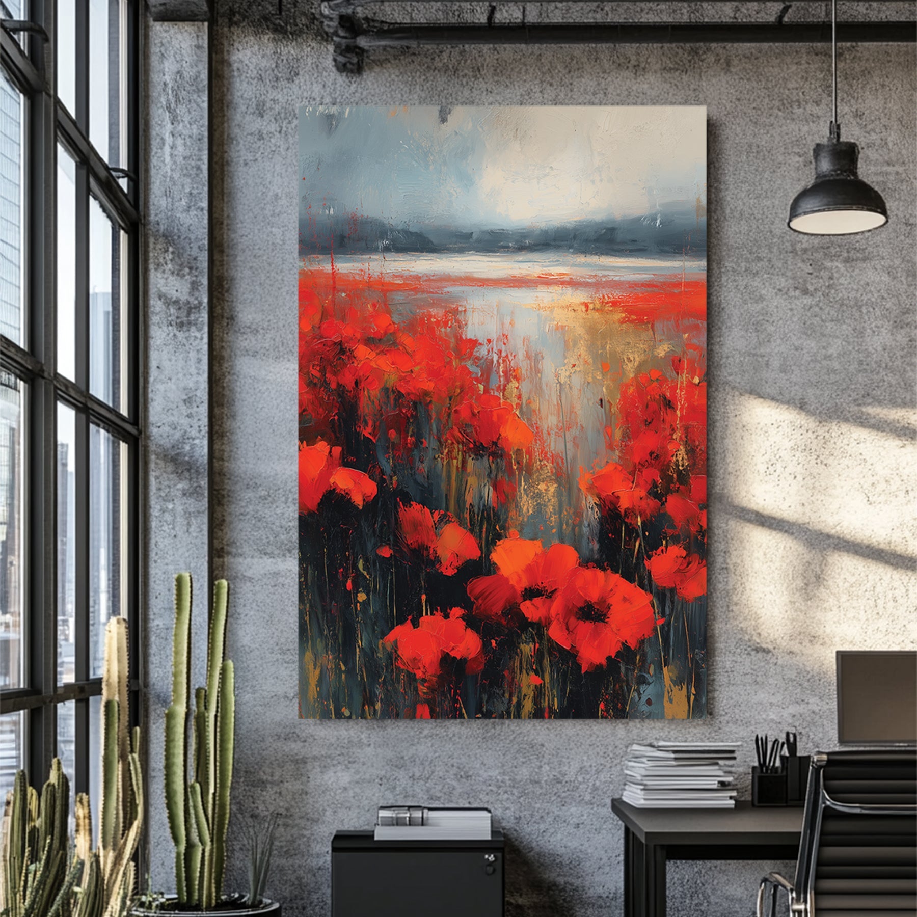 expressionist poppy flower field wall art with red flowers and misty sky