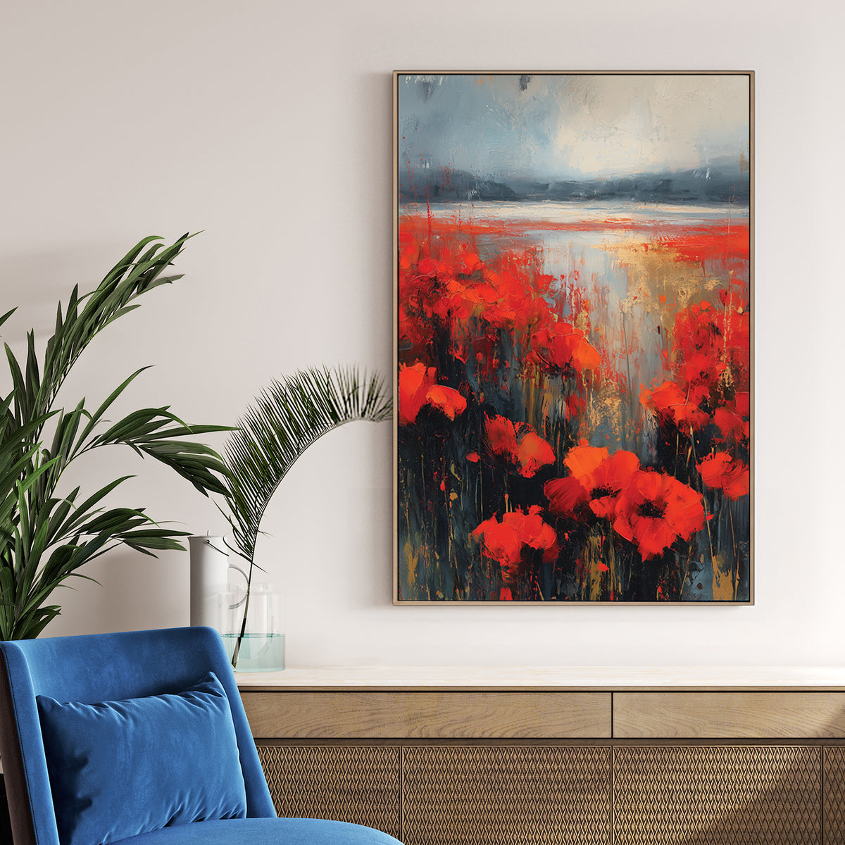 expressionist poppy flower field wall art with red flowers and misty sky