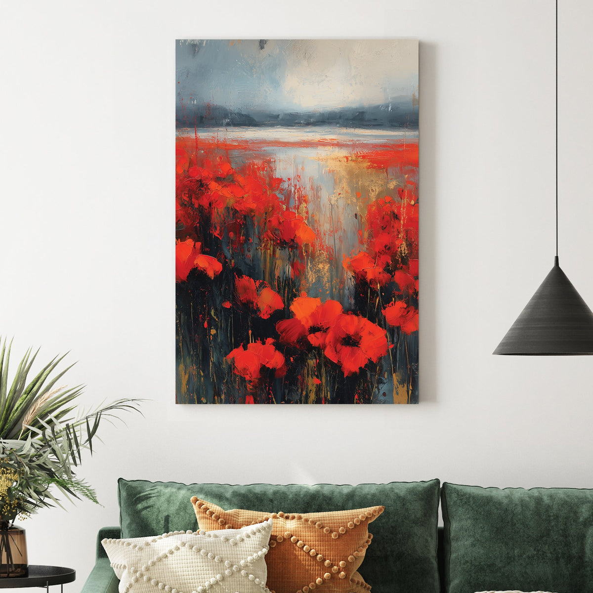 expressionist poppy flower field wall art with red flowers and misty sky