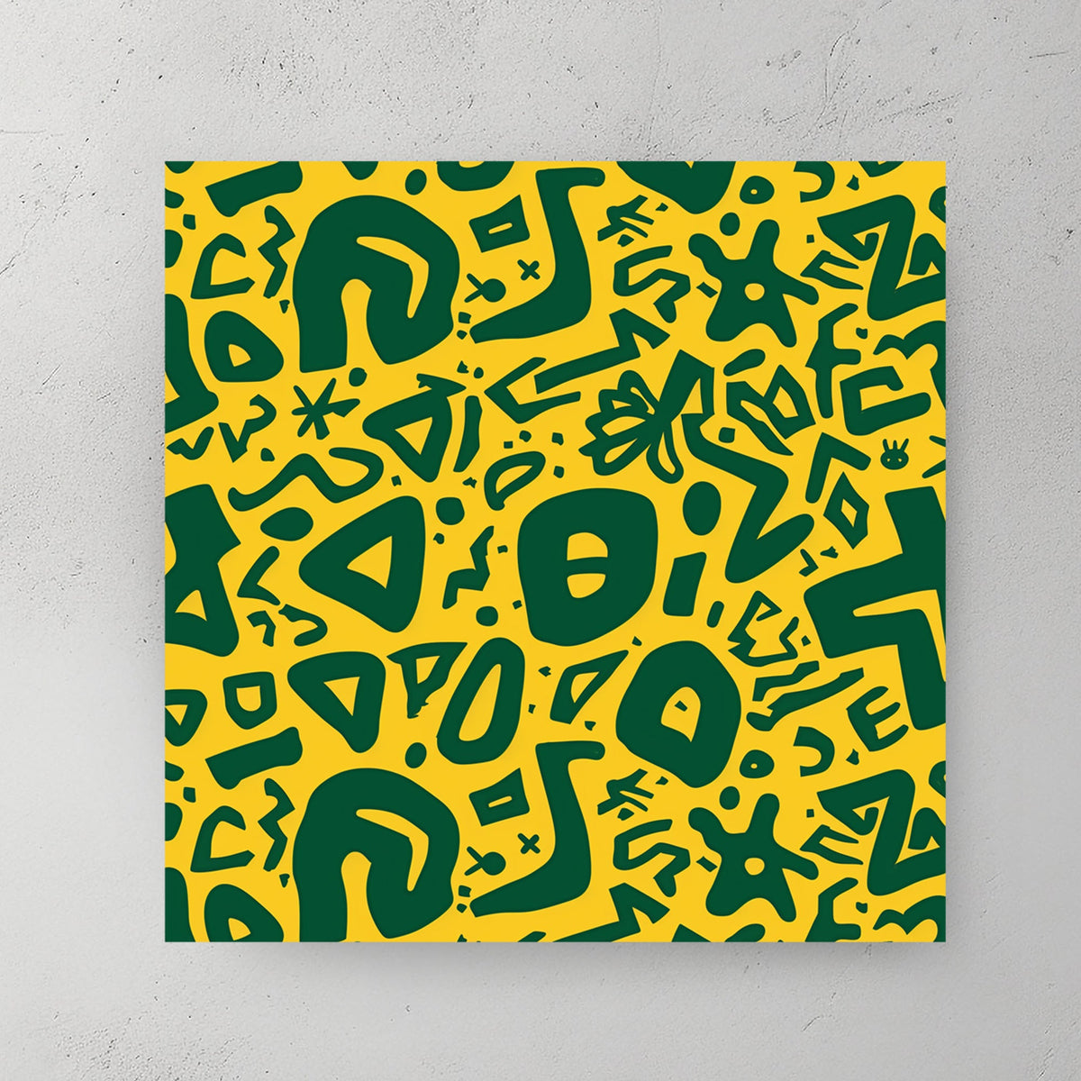 green abstract doodle wall art on vibrant yellow background