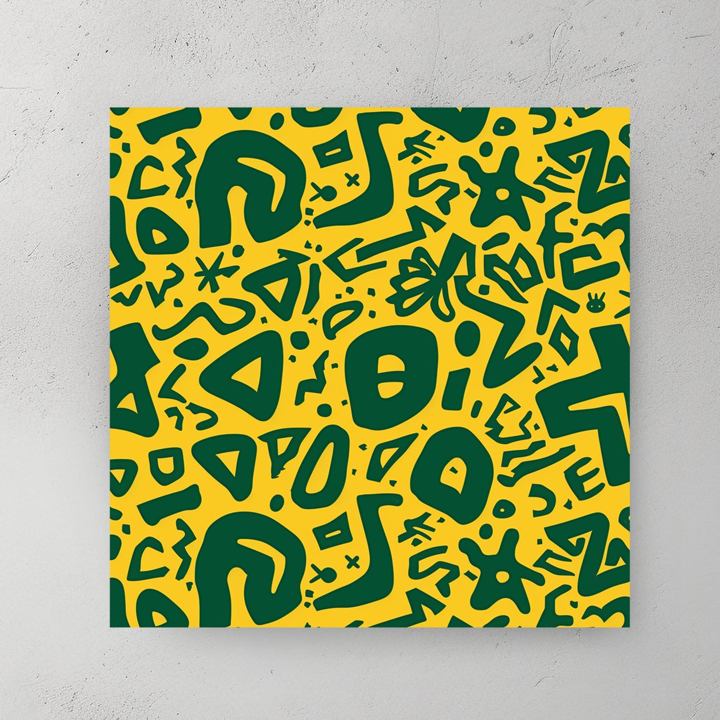green abstract doodle wall art on vibrant yellow background