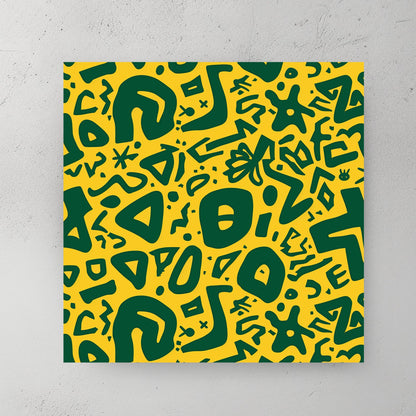 green abstract doodle wall art on vibrant yellow background