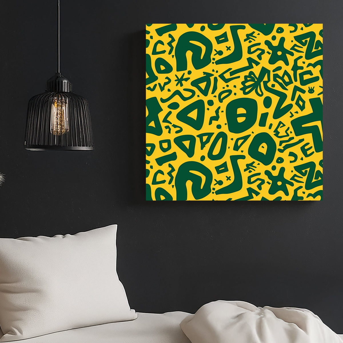 green abstract doodle wall art on vibrant yellow background