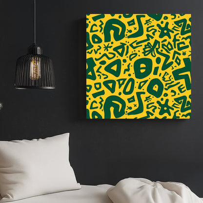 green abstract doodle wall art on vibrant yellow background