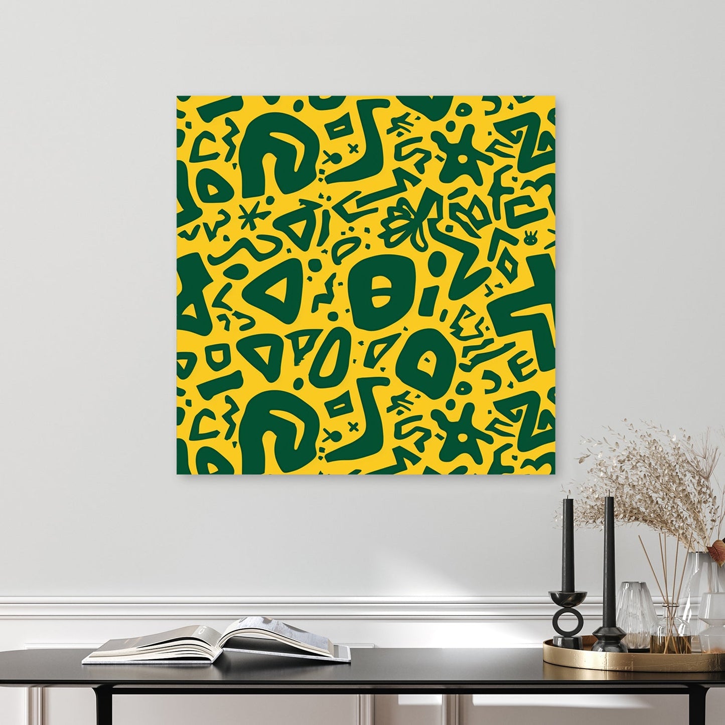 green abstract doodle wall art on vibrant yellow background