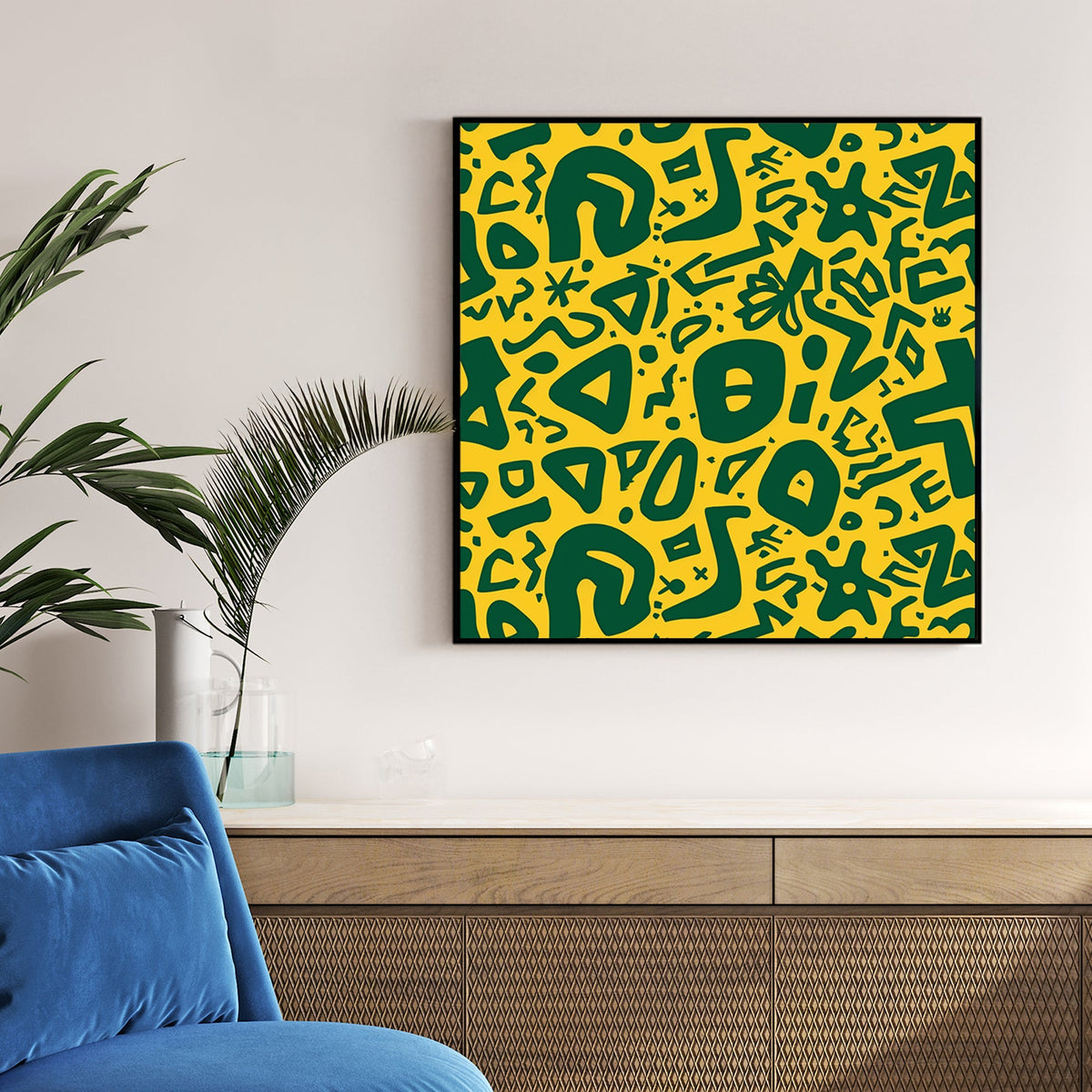 green abstract doodle wall art on vibrant yellow background