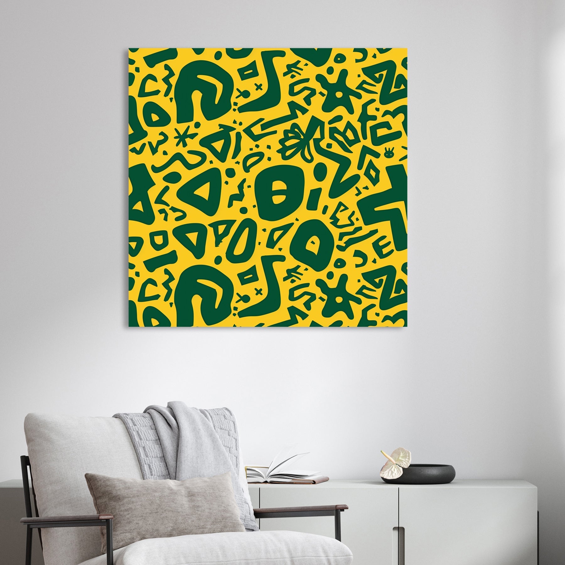 green abstract doodle wall art on vibrant yellow background