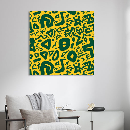 green abstract doodle wall art on vibrant yellow background